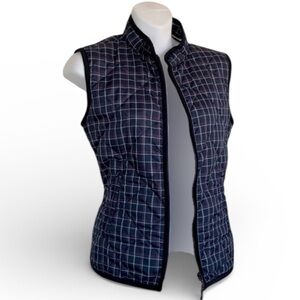 TOMMY HILFIGER quilted vest navy plaid with red/white, zip pockets & front M